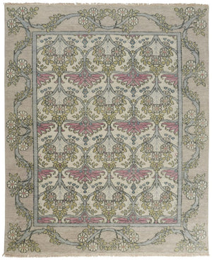 HomeRoots 4' Luxurious Hand-Knotted Wool Area Rug with Floral Design in Soft Ivory, Gray, and Pink Tones 6' X 9' 566629