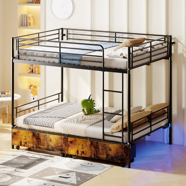 English Elm Bunk Bed Convertible Twin Over Metal Frame with Guardrail for Kids Rooms W3752S00009