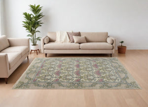 HomeRoots 4' Luxurious Hand-Knotted Wool Area Rug with Floral Design in Soft Ivory, Gray, and Pink Tones 9' X 13' 566632