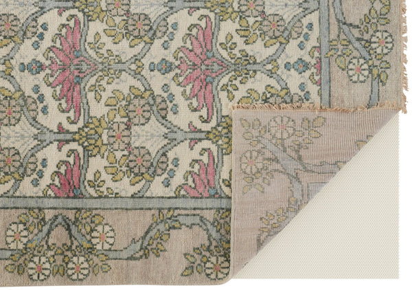 HomeRoots 4' Luxurious Hand-Knotted Wool Area Rug with Floral Design in Soft Ivory, Gray, and Pink Tones 9' X 13' 566632