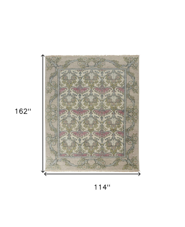 HomeRoots 4' Luxurious Hand-Knotted Wool Area Rug with Floral Design in Soft Ivory, Gray, and Pink Tones 9' X 13' 566632