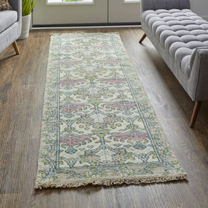HomeRoots 4' Luxurious Hand-Knotted Wool Area Rug with Floral Design in Soft Ivory, Gray, and Pink Tones 8' Runner 566633