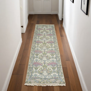 HomeRoots 4' Luxurious Hand-Knotted Wool Area Rug with Floral Design in Soft Ivory, Gray, and Pink Tones 8' Runner 566633