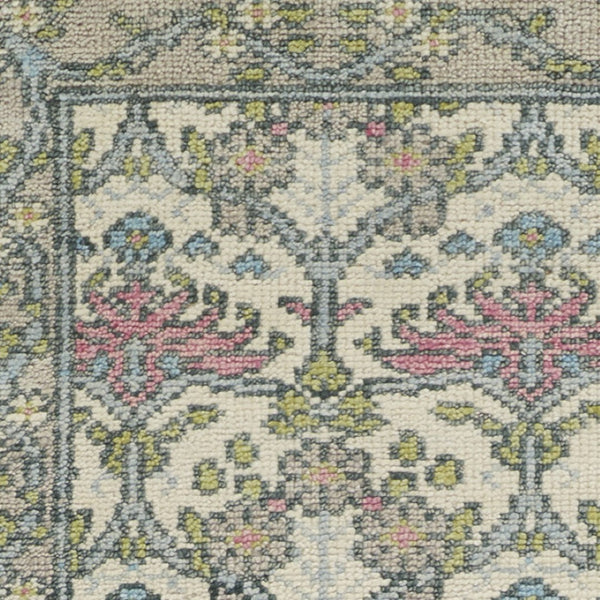 HomeRoots 4' Luxurious Hand-Knotted Wool Area Rug with Floral Design in Soft Ivory, Gray, and Pink Tones 8' Runner 566633