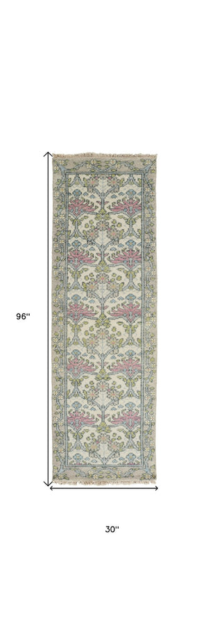 HomeRoots 4' Luxurious Hand-Knotted Wool Area Rug with Floral Design in Soft Ivory, Gray, and Pink Tones 8' Runner 566633