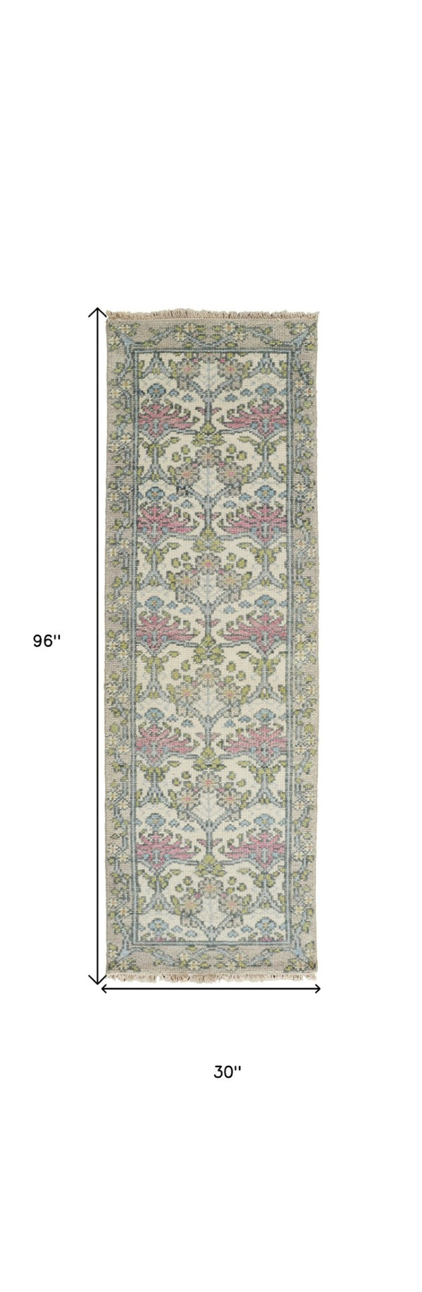 HomeRoots 4' Luxurious Hand-Knotted Wool Area Rug with Floral Design in Soft Ivory, Gray, and Pink Tones 8' Runner 566633