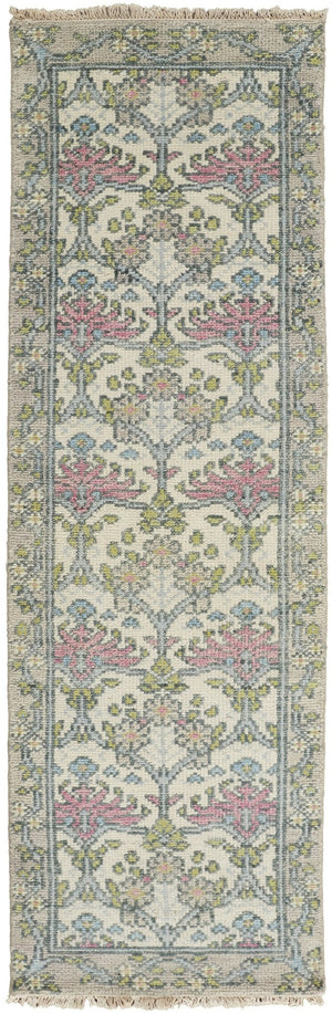 HomeRoots 4' Luxurious Hand-Knotted Wool Area Rug with Floral Design in Soft Ivory, Gray, and Pink Tones 8' Runner 566633