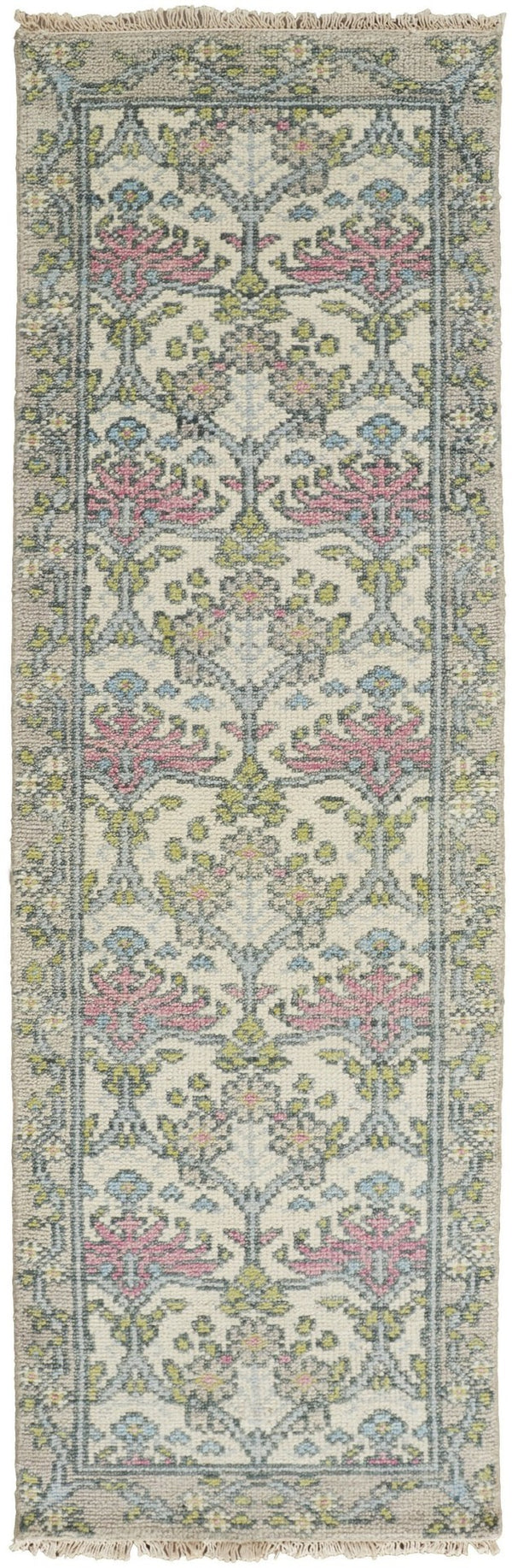 HomeRoots 4' Luxurious Hand-Knotted Wool Area Rug with Floral Design in Soft Ivory, Gray, and Pink Tones 8' Runner 566633