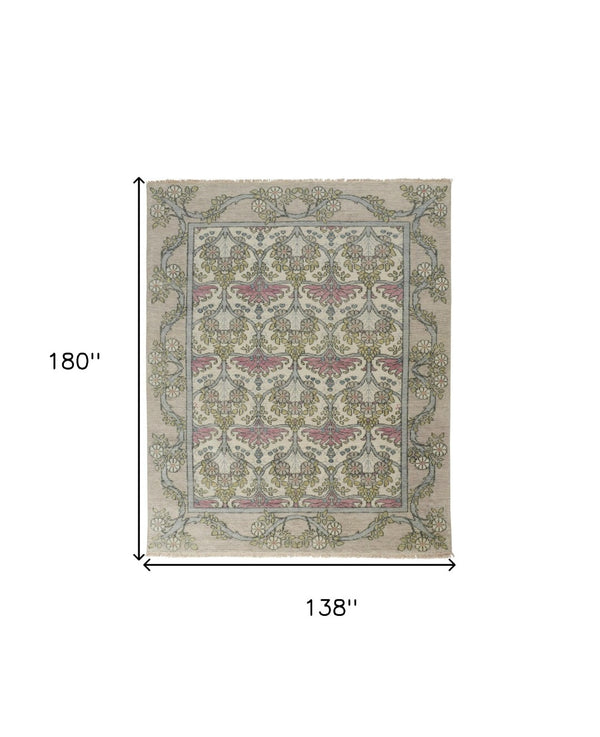 HomeRoots 4' Luxurious Hand-Knotted Wool Area Rug with Floral Design in Soft Ivory, Gray, and Pink Tones 12' X 15' 566634