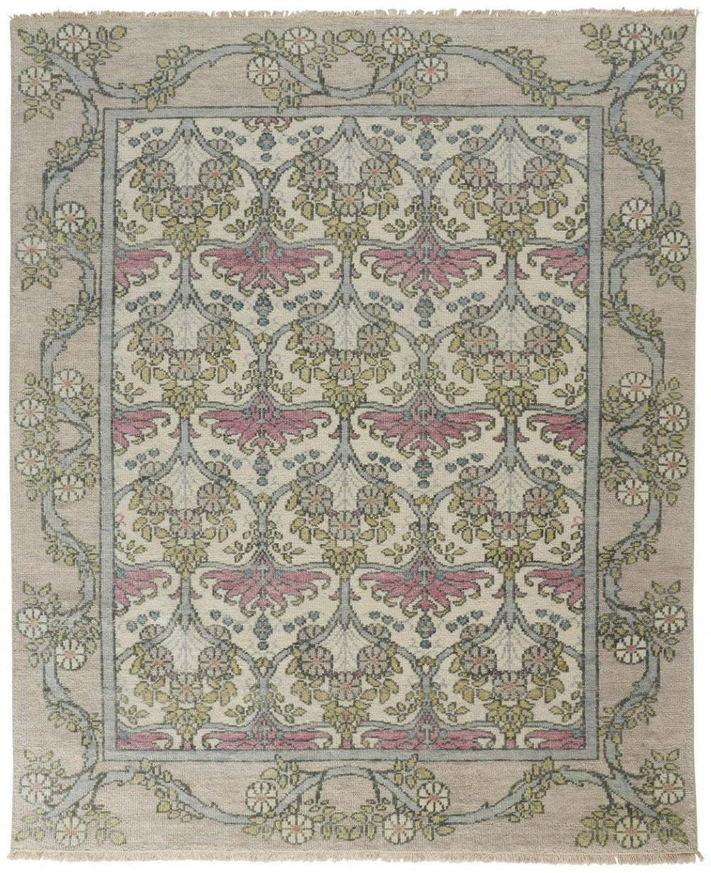 HomeRoots 4' Luxurious Hand-Knotted Wool Area Rug with Floral Design in Soft Ivory, Gray, and Pink Tones 12' X 15' 566634