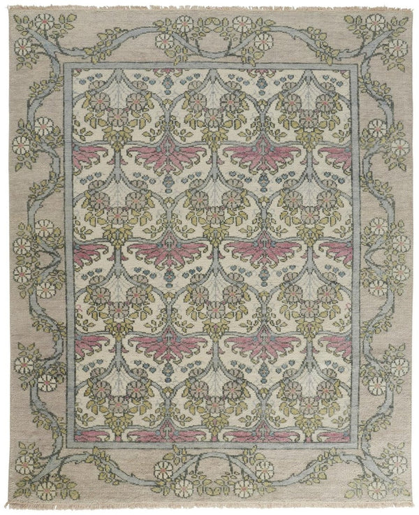 HomeRoots 4' Luxurious Hand-Knotted Wool Area Rug with Floral Design in Soft Ivory, Gray, and Pink Tones 12' X 15' 566634