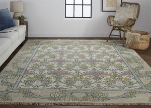 HomeRoots 4' Luxurious Hand-Knotted Wool Area Rug with Floral Design in Soft Ivory, Gray, and Pink Tones 2' X 3' 566635