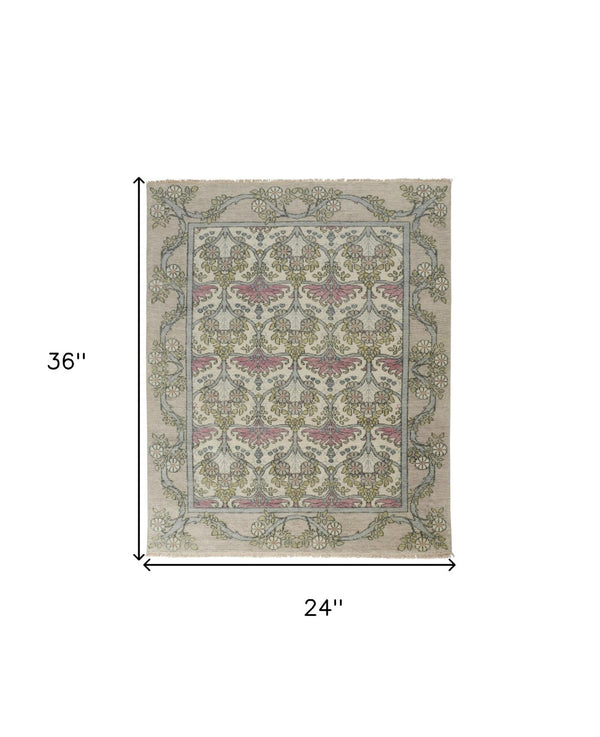 HomeRoots 4' Luxurious Hand-Knotted Wool Area Rug with Floral Design in Soft Ivory, Gray, and Pink Tones 2' X 3' 566635