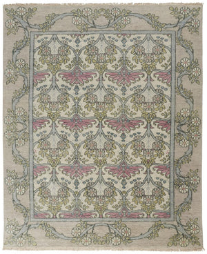 HomeRoots 4' Luxurious Hand-Knotted Wool Area Rug with Floral Design in Soft Ivory, Gray, and Pink Tones 2' X 3' 566635