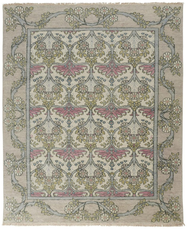 HomeRoots 4' Luxurious Hand-Knotted Wool Area Rug with Floral Design in Soft Ivory, Gray, and Pink Tones 2' X 3' 566635