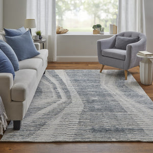 HomeRoots 3' Ivory Gray and Blue Abstract Hand-Knotted Area Rug - Elegant Soft Wool-Blend for Modern Spaces 4' X 6' 566637