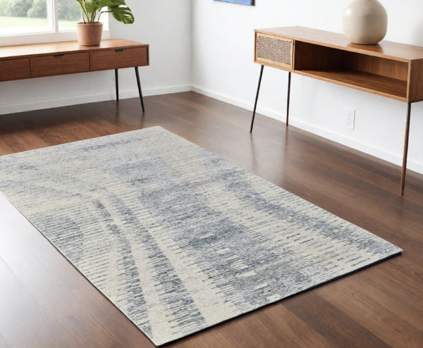 HomeRoots 3' Ivory Gray and Blue Abstract Hand-Knotted Area Rug - Elegant Soft Wool-Blend for Modern Spaces 4' X 6' 566637
