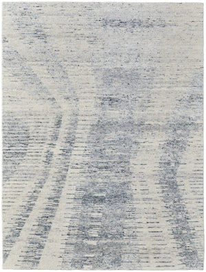 HomeRoots 3' Ivory Gray and Blue Abstract Hand-Knotted Area Rug - Elegant Soft Wool-Blend for Modern Spaces 6' X 9' 566638