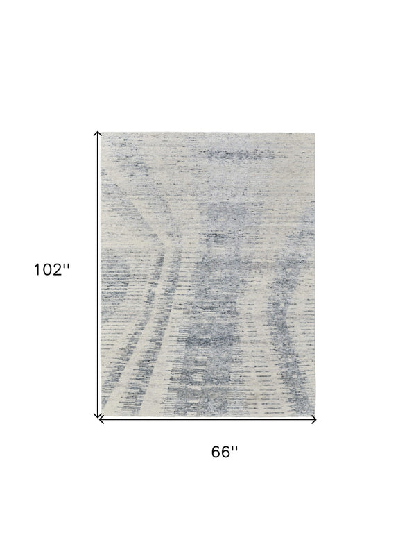 HomeRoots 3' Ivory Gray and Blue Abstract Hand-Knotted Area Rug - Elegant Soft Wool-Blend for Modern Spaces 6' X 9' 566638