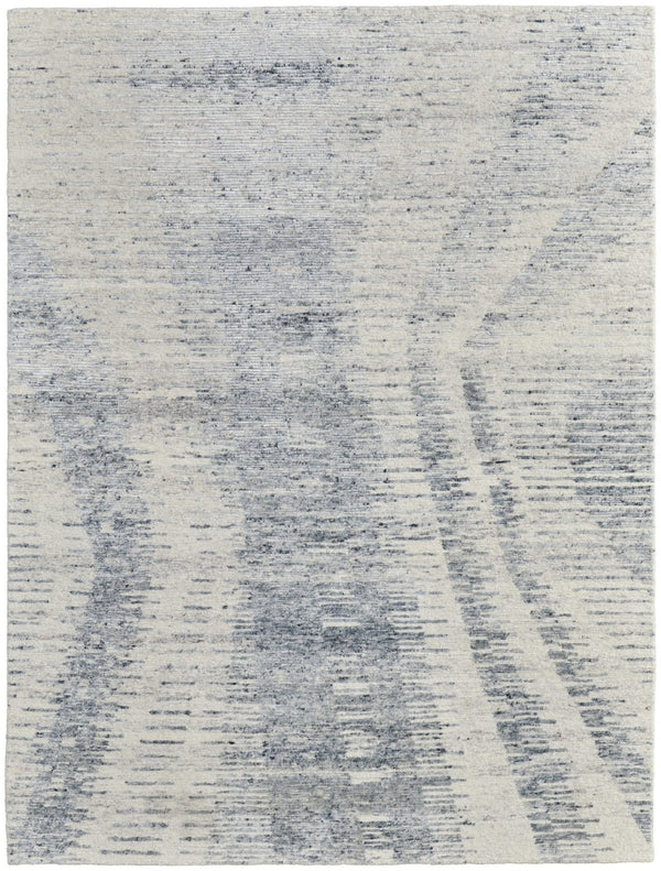 HomeRoots 3' Ivory Gray and Blue Abstract Hand-Knotted Area Rug - Elegant Soft Wool-Blend for Modern Spaces 6' X 9' 566638