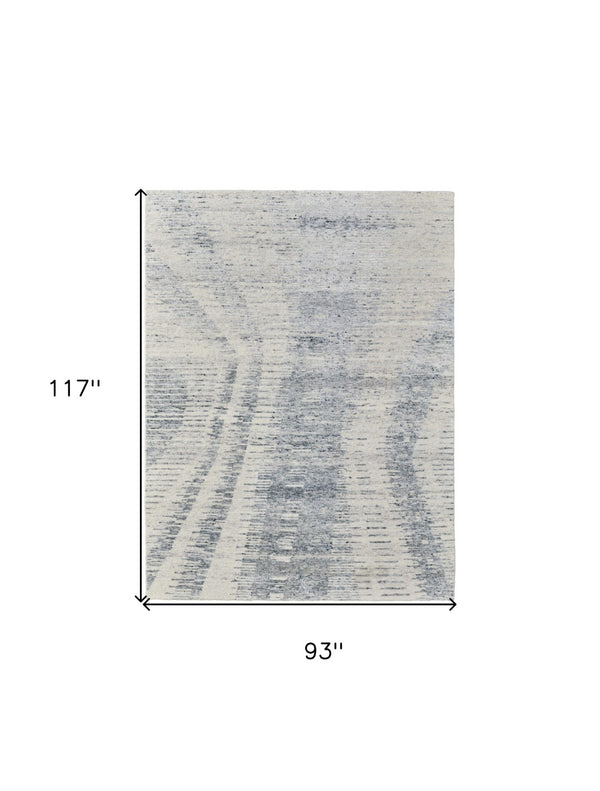 HomeRoots 3' Ivory Gray and Blue Abstract Hand-Knotted Area Rug - Elegant Soft Wool-Blend for Modern Spaces 8' X 10' 566639