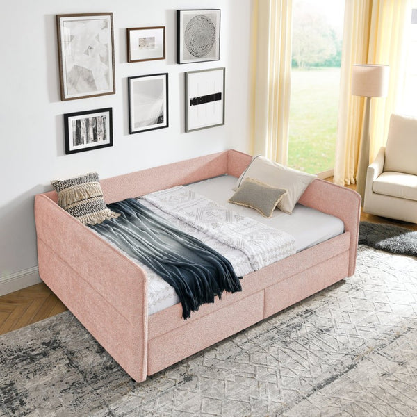 English Elm Queen Boucle Tufted Daybed Sofa with Storage Drawers Eucalyptus Frame Guest Room Pink W1413S00178