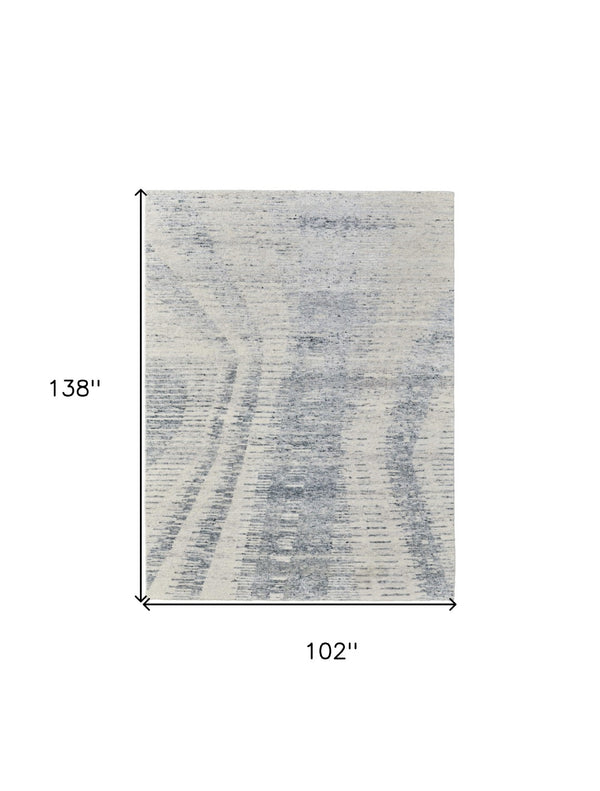 HomeRoots 3' Ivory Gray and Blue Abstract Hand-Knotted Area Rug - Elegant Soft Wool-Blend for Modern Spaces 8' X 12' 566640