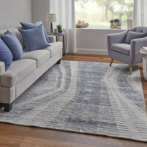 HomeRoots 3' Ivory Gray and Blue Abstract Hand-Knotted Area Rug - Elegant Soft Wool-Blend for Modern Spaces 9' X 13' 566641