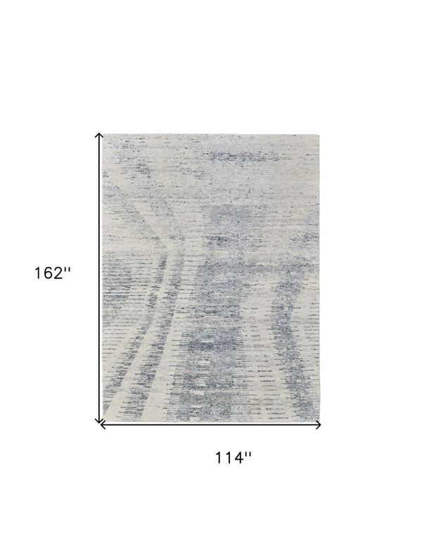HomeRoots 3' Ivory Gray and Blue Abstract Hand-Knotted Area Rug - Elegant Soft Wool-Blend for Modern Spaces 9' X 13' 566641