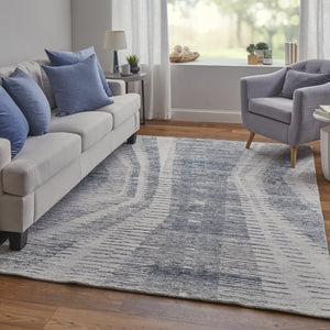 HomeRoots 3' Ivory Gray and Blue Abstract Hand-Knotted Area Rug - Elegant Soft Wool-Blend for Modern Spaces 2' X 3' 566643