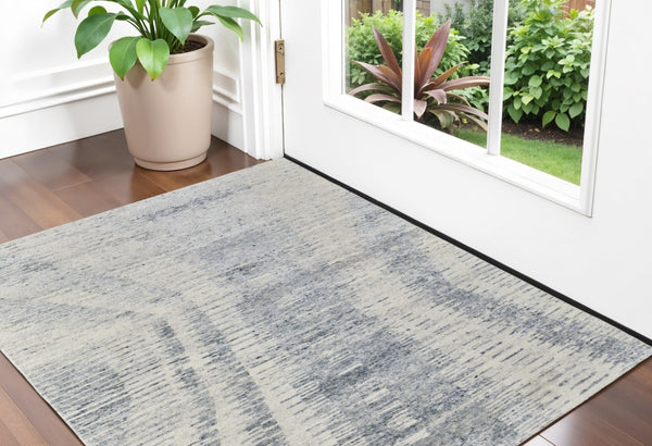 HomeRoots 3' Ivory Gray and Blue Abstract Hand-Knotted Area Rug - Elegant Soft Wool-Blend for Modern Spaces 2' X 3' 566643