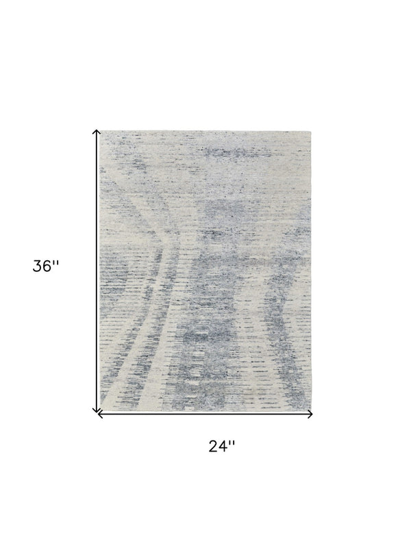 HomeRoots 3' Ivory Gray and Blue Abstract Hand-Knotted Area Rug - Elegant Soft Wool-Blend for Modern Spaces 2' X 3' 566643