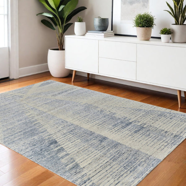 HomeRoots 3' Hand-Knotted Distressed Area Rug in Ivory, Blue & Silver - Modern Abstract Design for Your Home 4' X 6' 566645