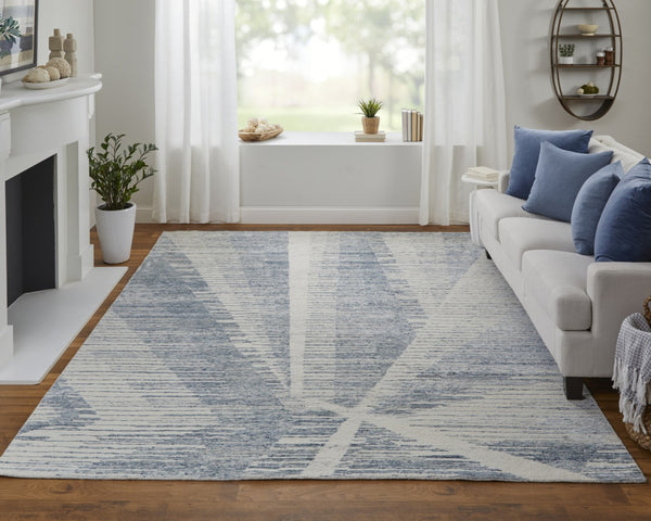 HomeRoots 3' Hand-Knotted Distressed Area Rug in Ivory, Blue & Silver - Modern Abstract Design for Your Home 6' X 9' 566646