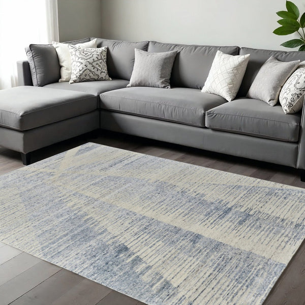 HomeRoots 3' Hand-Knotted Distressed Area Rug in Ivory, Blue & Silver - Modern Abstract Design for Your Home 6' X 9' 566646