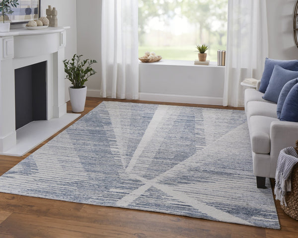 HomeRoots 3' Hand-Knotted Distressed Area Rug in Ivory, Blue & Silver - Modern Abstract Design for Your Home 9' X 13' 566648
