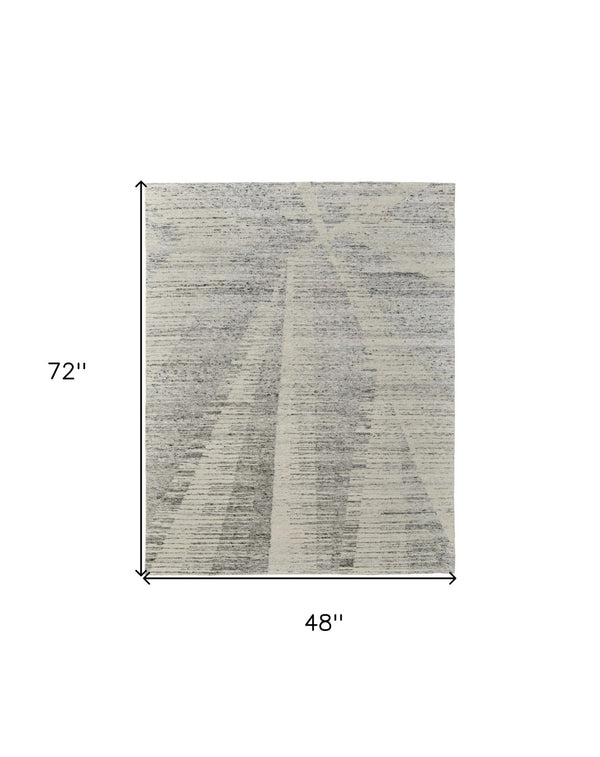 HomeRoots 3' Hand-Knotted Distressed Area Rug in Ivory, Blue & Silver - Modern Abstract Design for Your Home 4' X 6' 566652