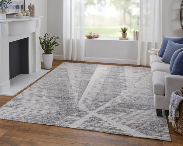 HomeRoots 3' Hand-Knotted Distressed Area Rug in Ivory, Blue & Silver - Modern Abstract Design for Your Home 6' X 9' 566653