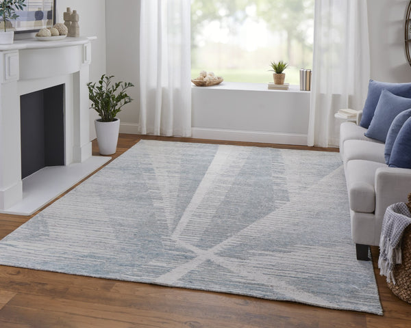 HomeRoots 3' Hand-Knotted Distressed Area Rug in Ivory, Blue & Silver - Modern Abstract Design for Your Home 3' X 5' 566658