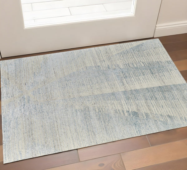 HomeRoots 3' Hand-Knotted Distressed Area Rug in Ivory, Blue & Silver - Modern Abstract Design for Your Home 3' X 5' 566658