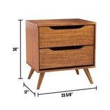 English Elm Mid-Century Modern Oak Color 1 Piece Nightstand Bedroom Furniture Solid Wood Round Tapered Legs 2-Drawers Bedside Table