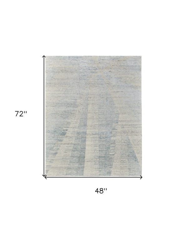 HomeRoots 3' Hand-Knotted Distressed Area Rug in Ivory, Blue & Silver - Modern Abstract Design for Your Home 4' X 6' 566659