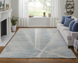 HomeRoots 3' Hand-Knotted Distressed Area Rug in Ivory, Blue & Silver - Modern Abstract Design for Your Home 8' X 10' 566661