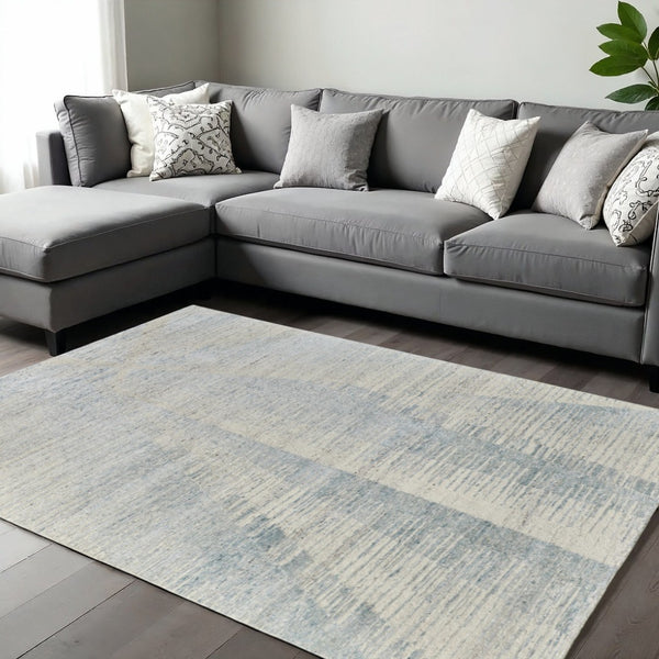 HomeRoots 3' Hand-Knotted Distressed Area Rug in Ivory, Blue & Silver - Modern Abstract Design for Your Home 8' X 10' 566661