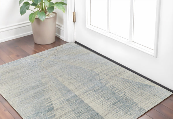 HomeRoots 3' Hand-Knotted Distressed Area Rug in Ivory, Blue & Silver - Modern Abstract Design for Your Home 2' X 3' 566664
