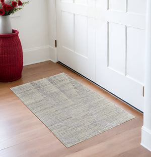 HomeRoots 3' Hand-Knotted Distressed Area Rug in Ivory, Blue & Silver - Modern Abstract Design for Your Home 3' X 5' 566665