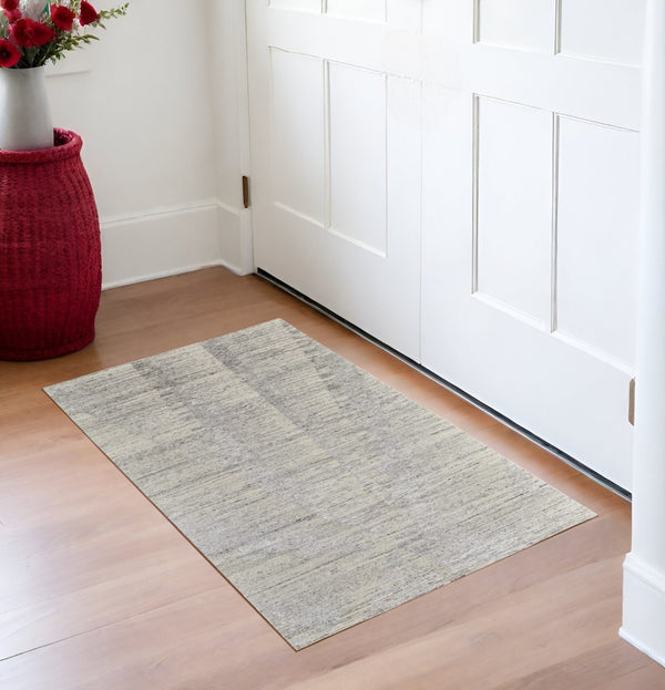 HomeRoots 3' Hand-Knotted Distressed Area Rug in Ivory, Blue & Silver - Modern Abstract Design for Your Home 3' X 5' 566665