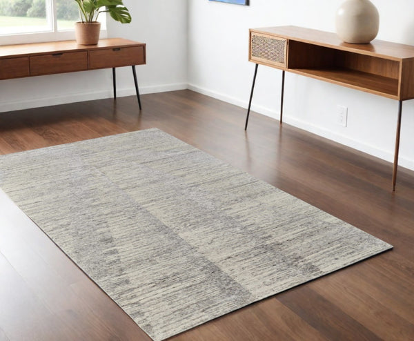 HomeRoots 3' Hand-Knotted Distressed Area Rug in Ivory, Blue & Silver - Modern Abstract Design for Your Home 4' X 6' 566666