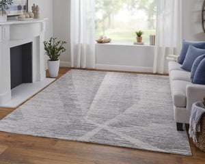 HomeRoots 3' Hand-Knotted Distressed Area Rug in Ivory, Blue & Silver - Modern Abstract Design for Your Home 6' X 9' 566667