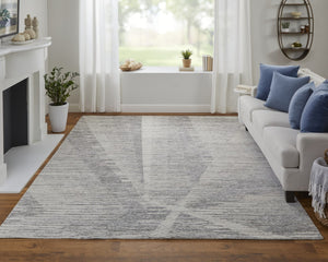 HomeRoots 3' Hand-Knotted Distressed Area Rug in Ivory, Blue & Silver - Modern Abstract Design for Your Home 8' X 12' 566669